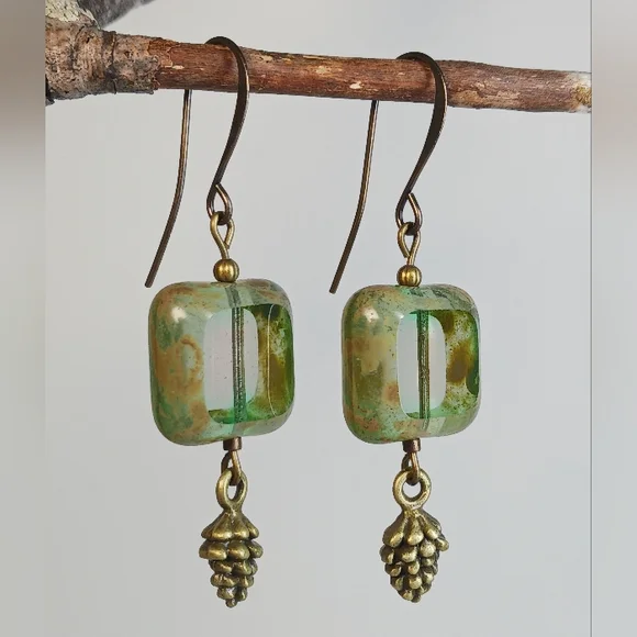 HAND CRAFTED EARRINGS Green Czech Glass Pine Cone Brass Bronze Dangle Drop - Picture 2 of 6
